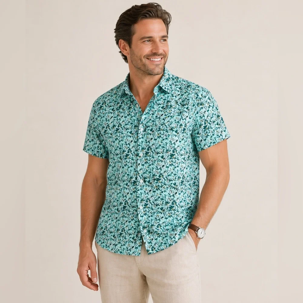J Crew Short-sleeve linen shirt in aqua floral print Size XL